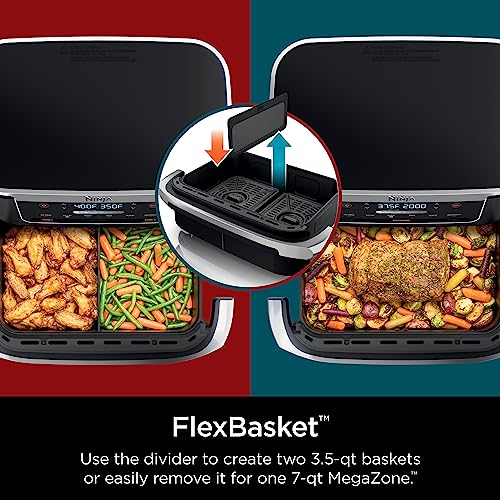 Ninja DZ071 Foodi 6-in-1 DualZone FlexBasket Air Fryer with 7-QT MegaZone & Basket Divider,Large Capacity, Air Fry, Bake & More, Black