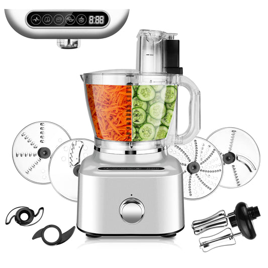 Homtone 16 Cup Food Processor, Aluminum-Diecast Food Processors, 5 Preset Modes Vegetable Chopper Electric, 6 Blades 9 Functions for Home Use, Variable Speed, 650W, Sliver